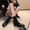 Square Head French Compound Black Short Boots Thick Medium Heel Rhinestone Elastic Thin Boots Long Boots Women's Autumn and Winter