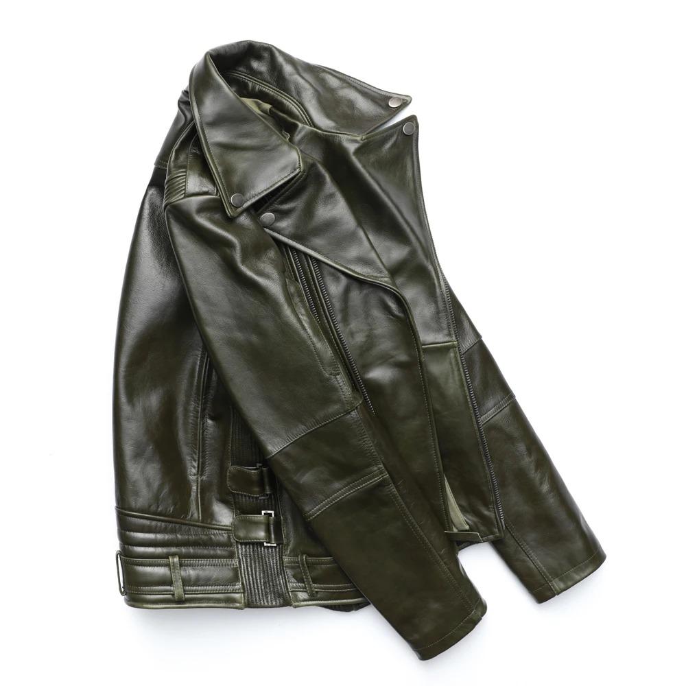 Chinese Size Unique Army Green Motorcycle Jacket Men Leather Jacket 100% Oil Wax Cowhide Motor Biker Jacket Male Leather Coat Winter M455