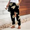 Women 3D Black Feather Print Pants Lace Up Elastic Waist Loose Trousers Casual Long Pants Trousers with Pockets