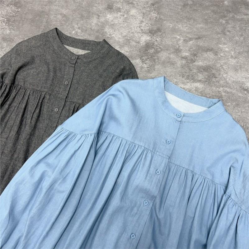 Johnature Японские платья-кардиганы с воротником-стойкой, осенние свободные платья А-силуэта, повседневные, с длинным рукавом, простые женские платья