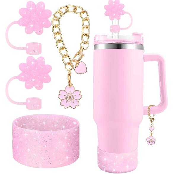 Accessories for Stanley Cup Set,2Pcs Flower Straw Cover Caps 10mm Reble Brown Straw Toppers,1Pcs Cute Handle Charm and 1Pcs Silicone Boot Sleeve for