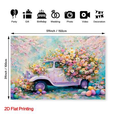 2D Spring Floral Car Backdrop with Colorful Eggs Studio Background