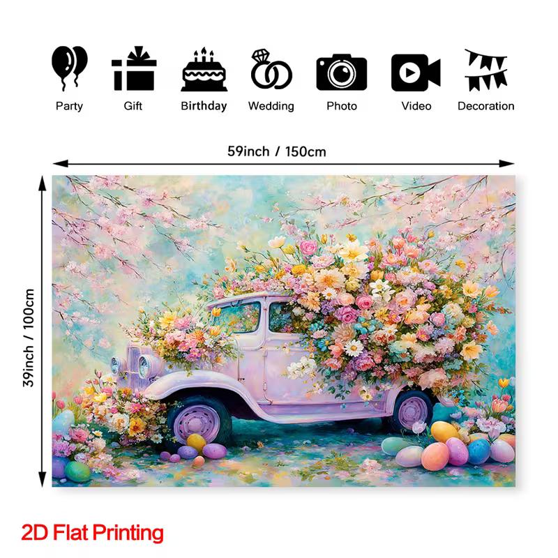 2D Spring Floral Car Backdrop with Colorful Eggs Studio Background