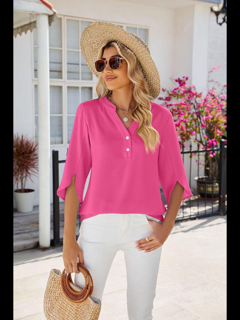 2024 Летний однотонный шифоновый топ с V-образным вырезом и рукавами средней длины для женщин