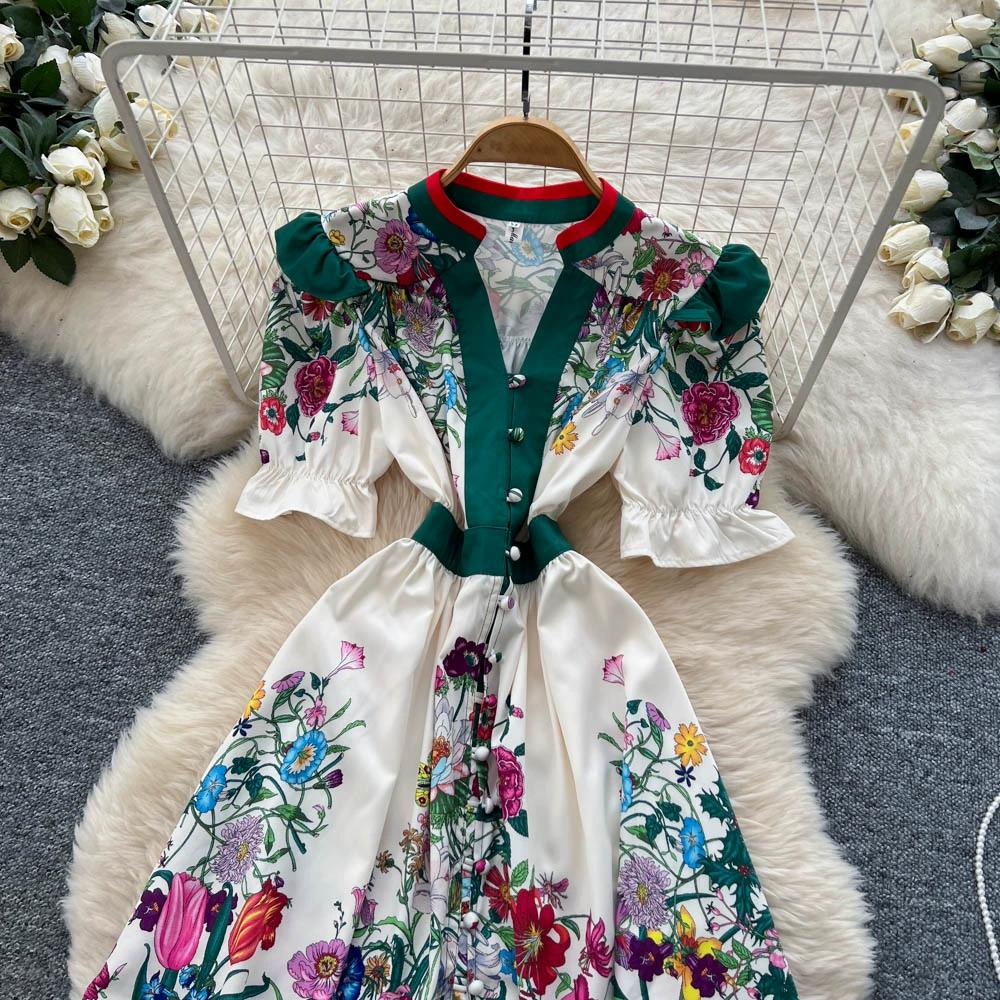 Летние женские платья с винтажным принтом, подиумные, с V-образным вырезом, на одной пуговице, мини, короткое, для вечеринки