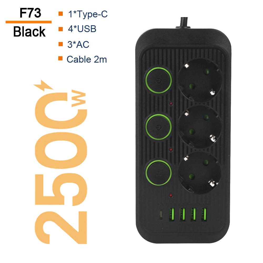 Вилка европейского стандарта с несколькими розетками и портами USB Type C. Кабель-удлинитель длиной 2 м. Независимая розетка управления. Сетевой фильтр. Электрический переменный ток.