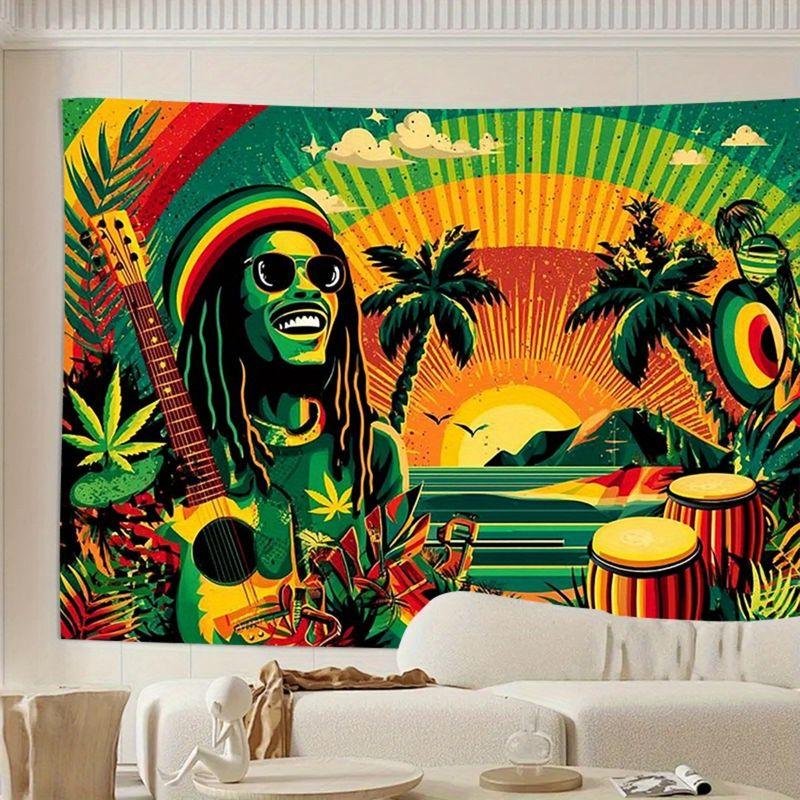 Jamaican Reggae Bob Tropical Palm Guitar Sunset Beach Tapestry, Bohemian Wall Hanging for Dorm Living Room Decor