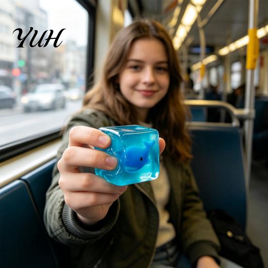 Clear Cube Toy Glow-in-the-Dark Stress Toy, Relief Squeeze Luminous Ocean Animal Sensory with Sea Inside Portable