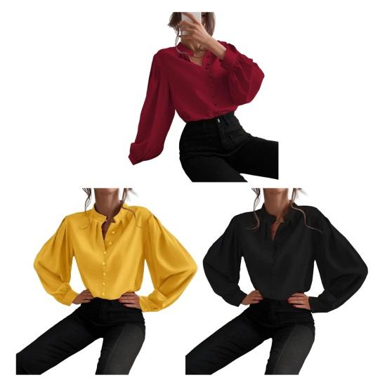 Женская рубашка с воротником-стойкой, пышными длинными рукавами, планкой на пуговицах, топ, однотонная, свободная