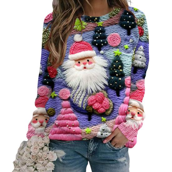 Christmas Sweatshirt Women 3D Xmas Tree House Print Crew Neck Long Sleeve Tops Lightweight Holiday Pullover Tops