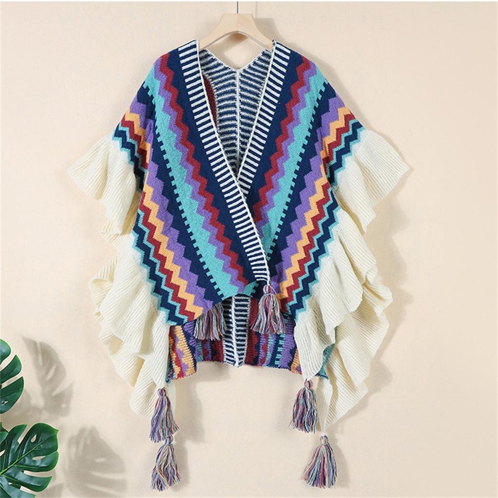Womens Ethnic Retro Head Cape Thick Color Striped Shawl Scarf