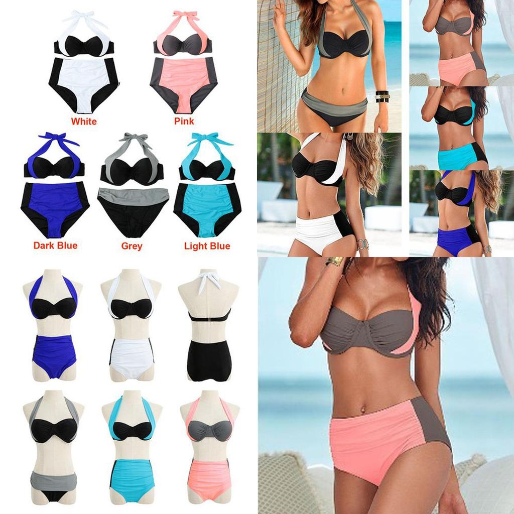 Set Bikini Women Contrast Block Halter Top High Waist Bottom Swimwear Beach