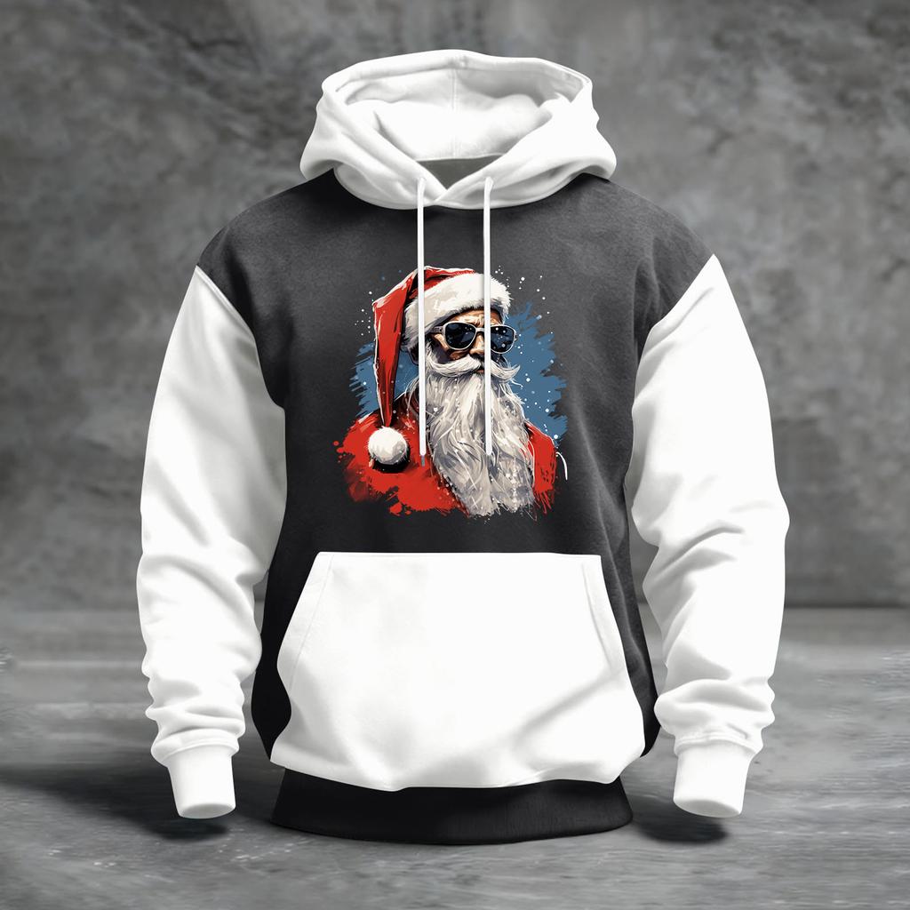 Мужской рождественский свитшот с капюшоном, повседневный, спортивный, удобный, с цветными блоками и принтом