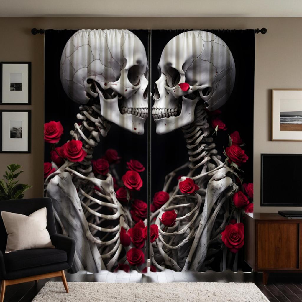 2 шт. HD Череп Роза Пара занавеска Черный галстук цифровой печатный занавес Домашний декор стиль Украсьте гостиную Спальня Носите штангу cu