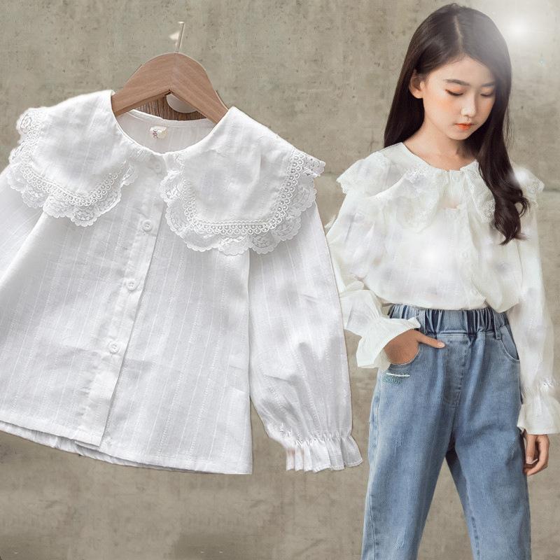 Spring Cotton Girls Blouses Shirt Long Sleeve Solid White Tops Kids Lapel For SchooL Clothes Children Tops