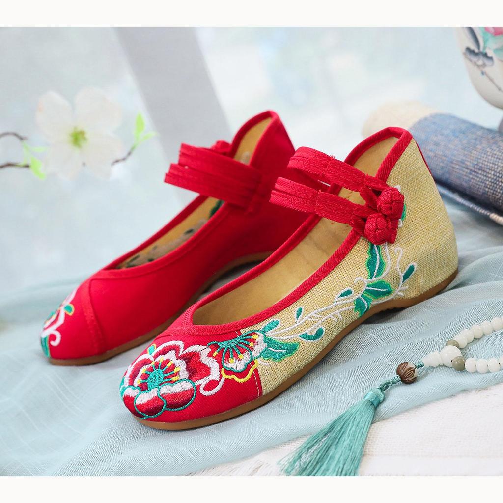 Chinese Embroidered Hibiscus Flowers Cloth Shoes Women's Shoes and Linen Tendon Soles
