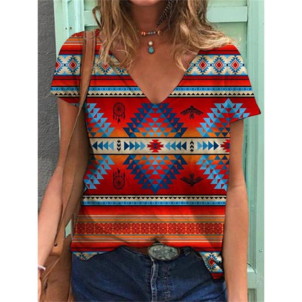 Geometric Graphics 3D Print T-Shirts Women Ethnic Style Vintage Streetwear T Shirt Y2k Tops Woman V-Neck Tees Oversized Clothing