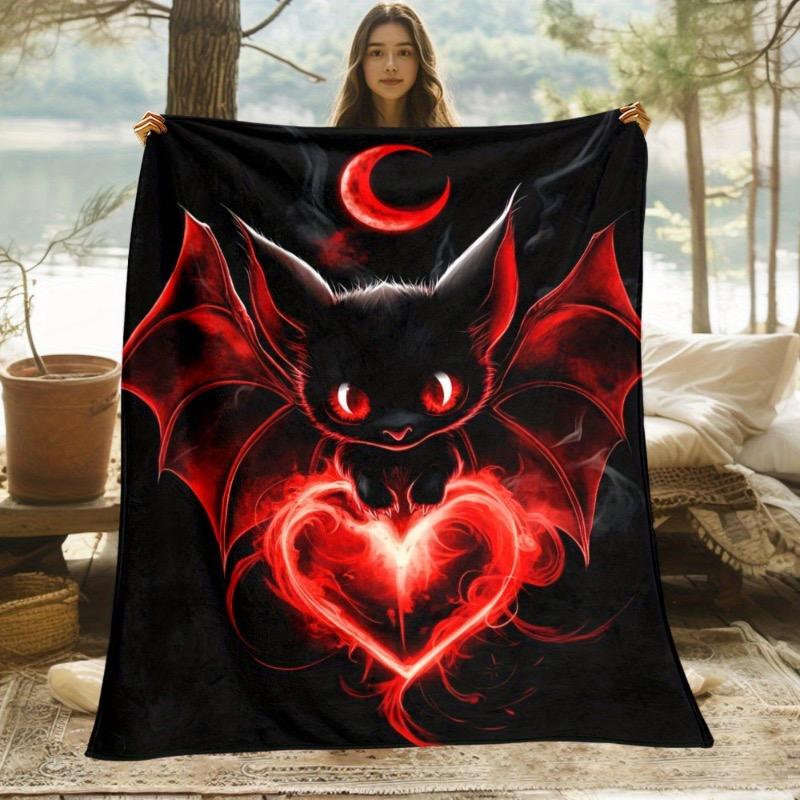 1 шт. Готическое одеяло-плед с летучей мышью и сердцем - Черно-красный вампирский дизайн - Мягкий легкий фланелевый всесезонный плед для дивана