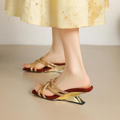 Мода FHC 2024 Модные Странные Стильные Туфли на Высоком Каблуке, Шлепанцы, Летняя Обувь, Открытый Носок, Стразы, Перекрестный Ремешок, Шампань, Дропшиппинг