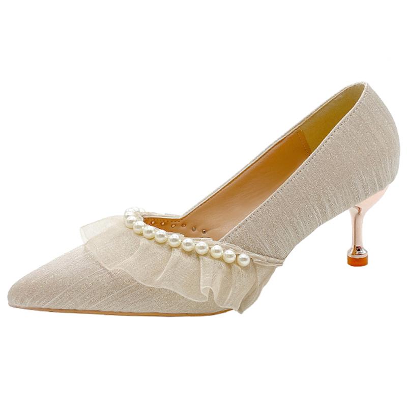 Модные туфли на свадьбу с жемчужным кружевом для женщин 2024 года, осенние туфли-лодочки с острым носком, женские элегантные туфли на шпильках с блестками