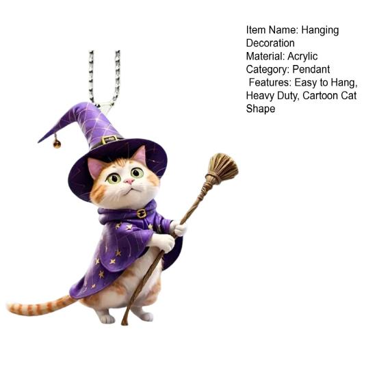 Wizard Hat Cat Hanging Decoration Home Indoor Christmas Tree Car Rearview Mirror 2D Flat Acrylic Broom Kitten Hanging Ornament Animal Pendant
