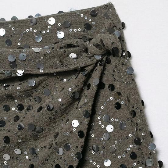 Women Sequins Mini Skirt with Cross Front Twist Detail Side Slit Hidden Zipper Closure Nightclub Short Skirt