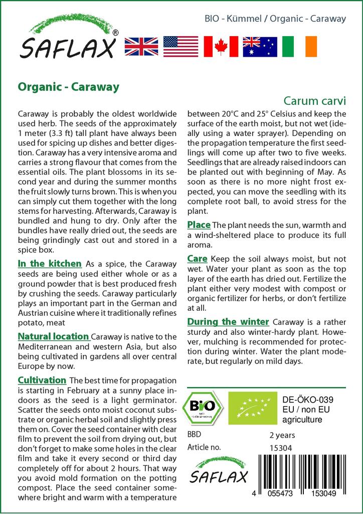SAFLAX Garden in the Bag - Органический - Тмин - 800 семян - С субстратом в подходящем пакете-стойке - Carum carvi