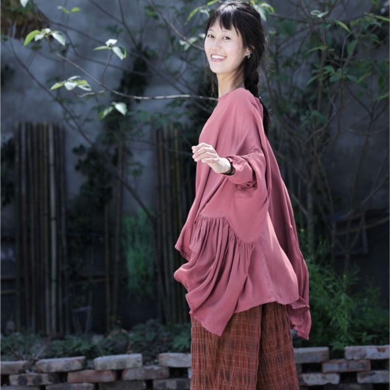 Johnature Women Irregular Vintage Summer T-Shirts O-Neck Long Sleeve Cotton Blend Solid Color Tees Soft Women T-Shirts