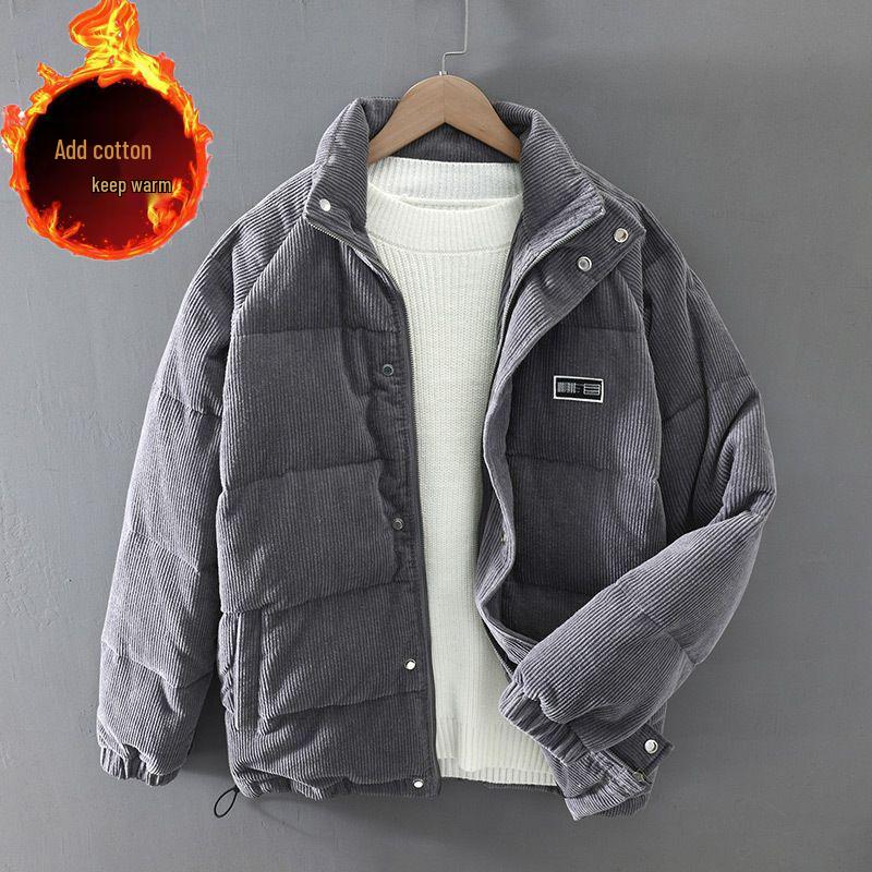 Мужская ретро вельветовая зимняя куртка - Толстая, теплая, однотонная, короткий силуэт