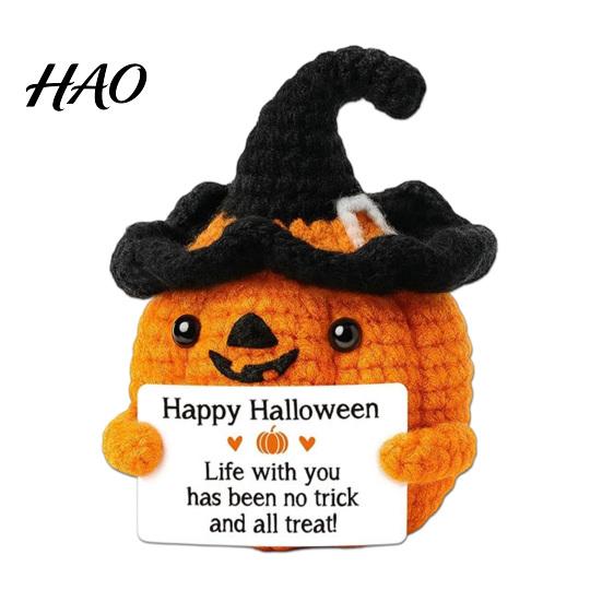 Decorative Pumpkin for Shelves Handmade Crochet Positive with Witch Hat, Fall Boo Basket Stuffer, Cute Halloween Room Decor Mini Knitted Plush