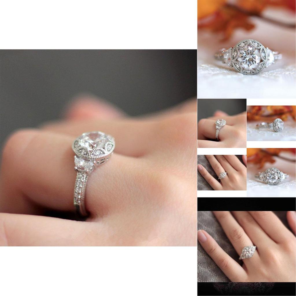 Elegant Silver Plated Ring With Round White Sapphire Rhinestone For Weddings