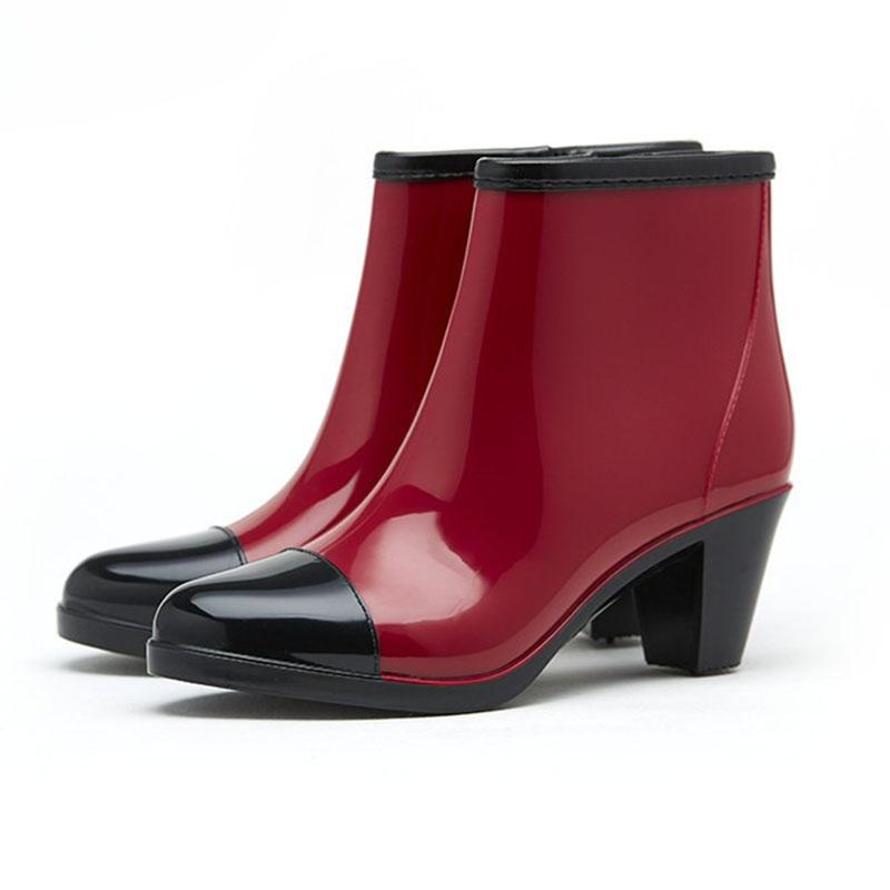 Женские резиновые сапоги, водонепроницаемая обувь из ПВХ, модные высокие каблуки, ботильоны, средний каблук, резиновые сапоги на молнии, нескользящие бахилы