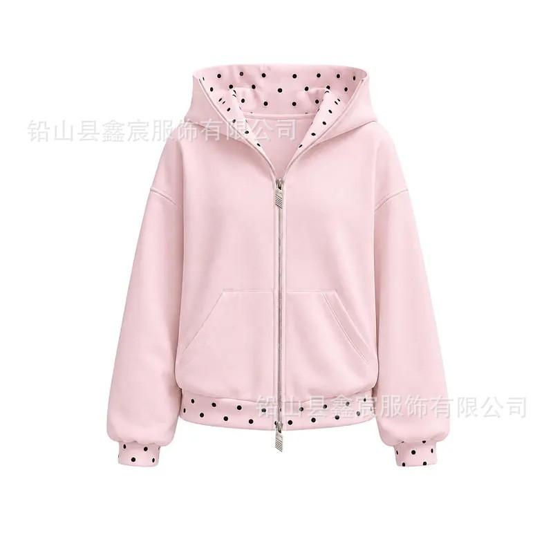 Womens Loose Fit Hooded Zip Sweatshirt Polka Dot Casual Sport Top 2026