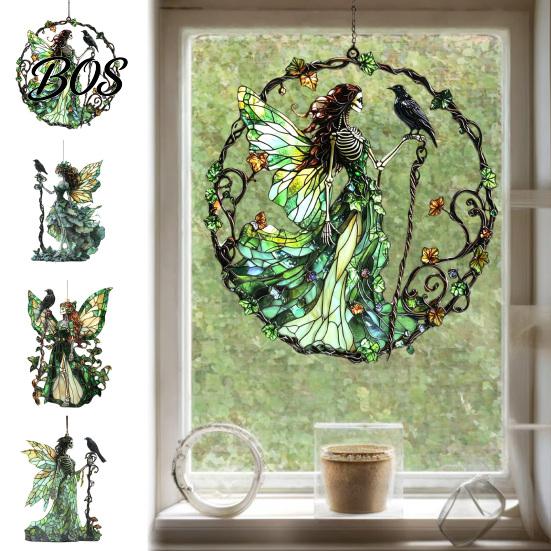 Exquisite Room Ornaments Stained Glass Style Skeleton Fairy Window Hanging Suncatcher, Acrylic Decorative Ornament with Butterfly Wings Elegant Party