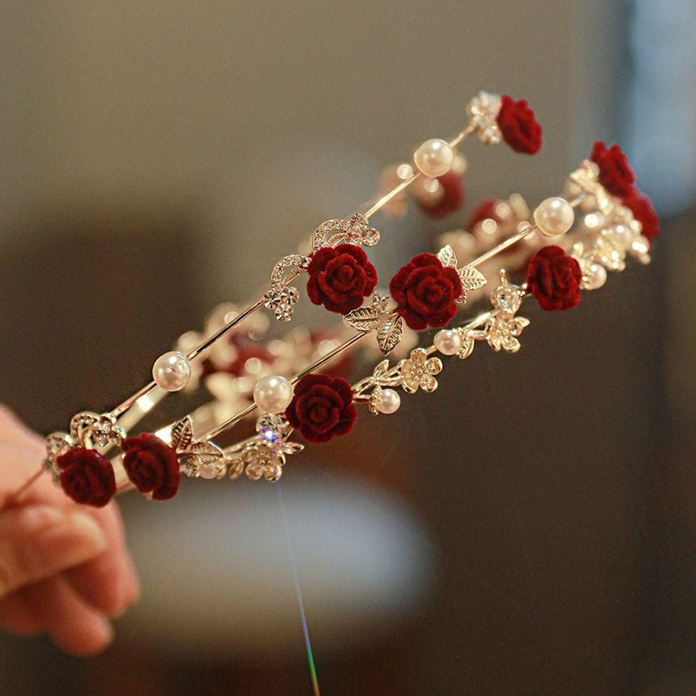 Winter Red Flower Rose Headband Pearl Hair Hoop Female Hair Accessories Korean Style Headwear