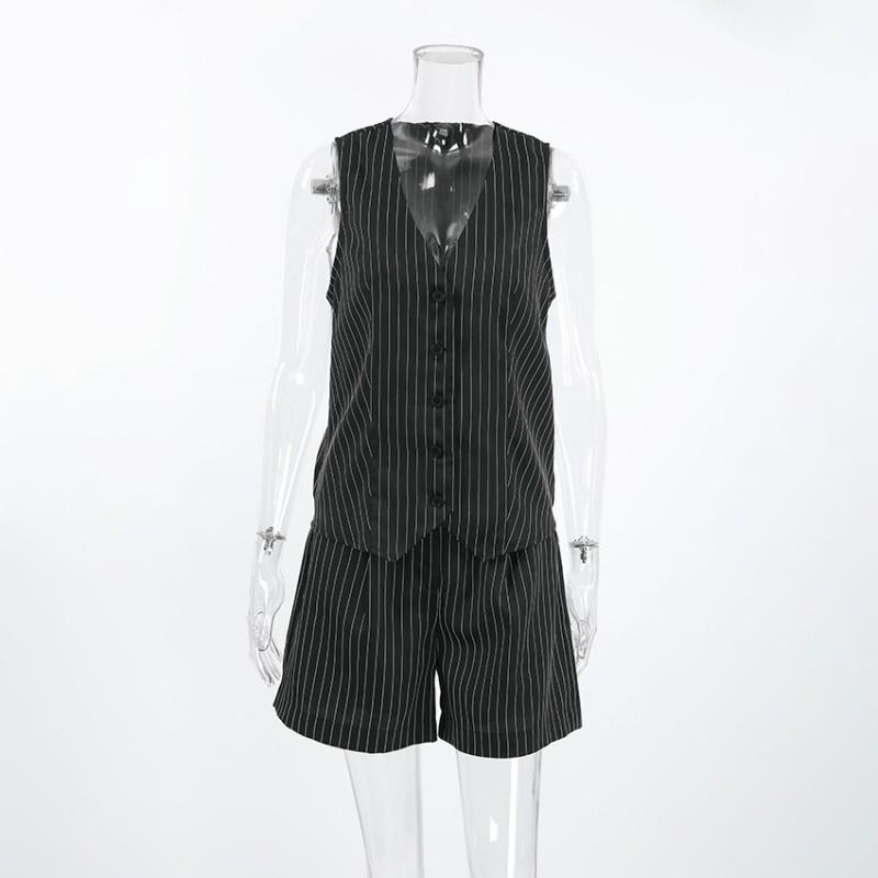 Striped 2-Piece Set Women Casual Blazer Vest Shorts Loose Fit Elegant Style