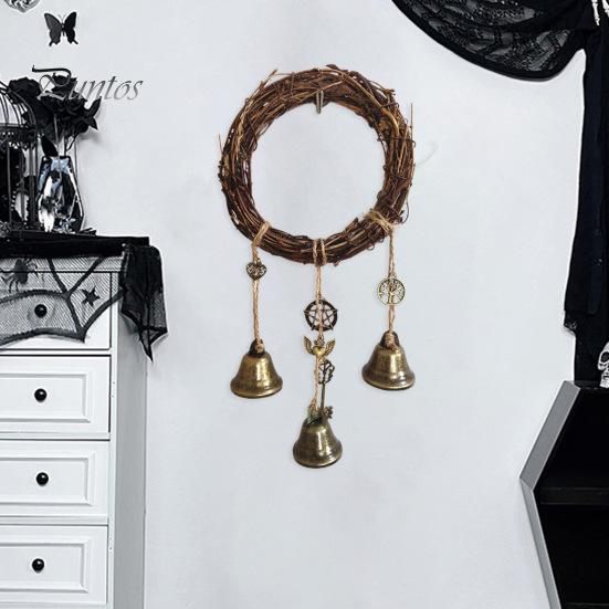 Door Knob Witch Bell Home Protection Handmade Hanging Brass Bell Wishing Bottle Rattan Wreath Witchcraft Door Hanger Wicca Wind Chime Decoration