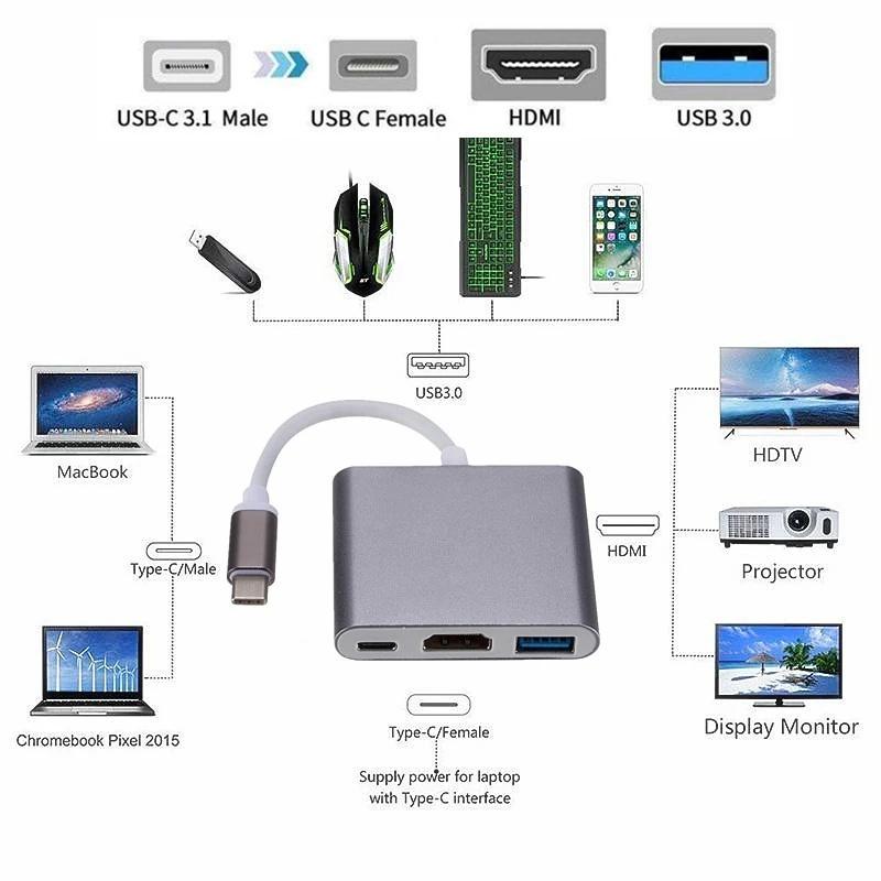 FUNXUN Конвертер USB/Type-c/HDMI 3 в 1 HDMI/4K/ноутбук/OTG-конвертер док-станции