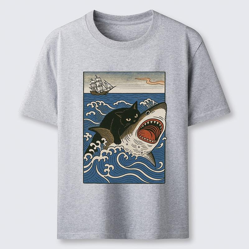 Кот Охотится на Акулу Классическая Футболка Модная С Коротким Рукавом С Круглым Вырезом Из Чистого Хлопка Футболки Мужские Спортивные Харадзюку Шикарные Туники Оверсайз