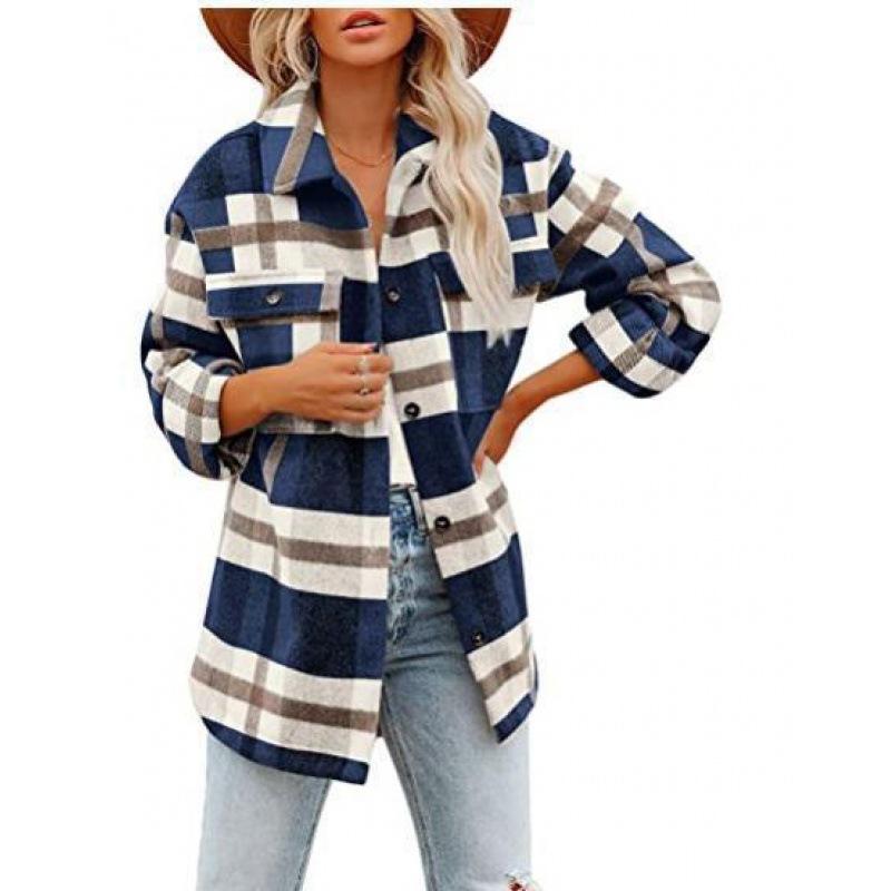Spring and Autumn Women's Brushed Plaid Shirts Long Sleeve Flannel Lapel Button Down Pocketed Shacket Flannel Jacket Coats