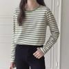Women's Spring 2025 Green Striped Long-Sleeve Round Neck T-Shirt: Loose-Fit, Slim-Style, Commuting Top