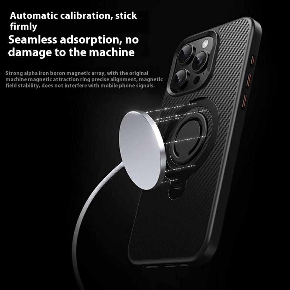 For iPhone 13 Pro Case Compatible with MagSafe Kickstand Carbon Fiber Texture PC+TPU Back Cover with Silicone Ring