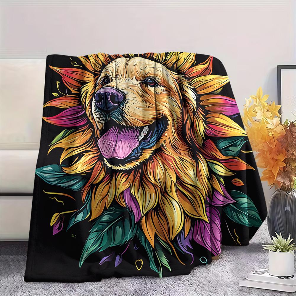 Sunflower Dog Print Flannel Blanket, High quality Comfortable for All Seasons, Home Decor, Warmth and Comfort, Perfect for Christmas Gifts