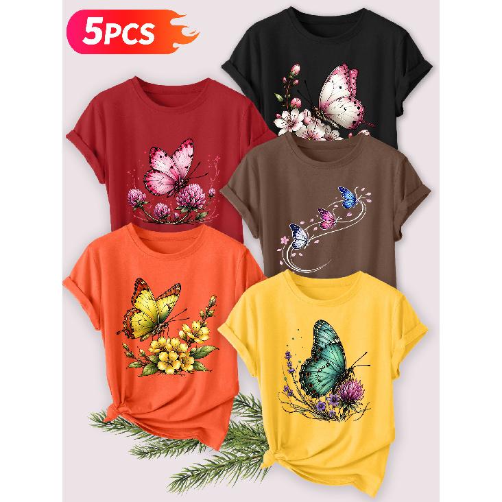 2026 5 Pack Women Short Sleeve T Shirts Clover Butterfly Gradient Blue Butterfly Lavender Realistic Floral Print Elegant Daily Tops