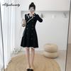 Korean Style Autumn Winter Women Solid Sweater Dress Notched Black Red Apricot Knitting Dress Elegant Warm Knitted Short Dress