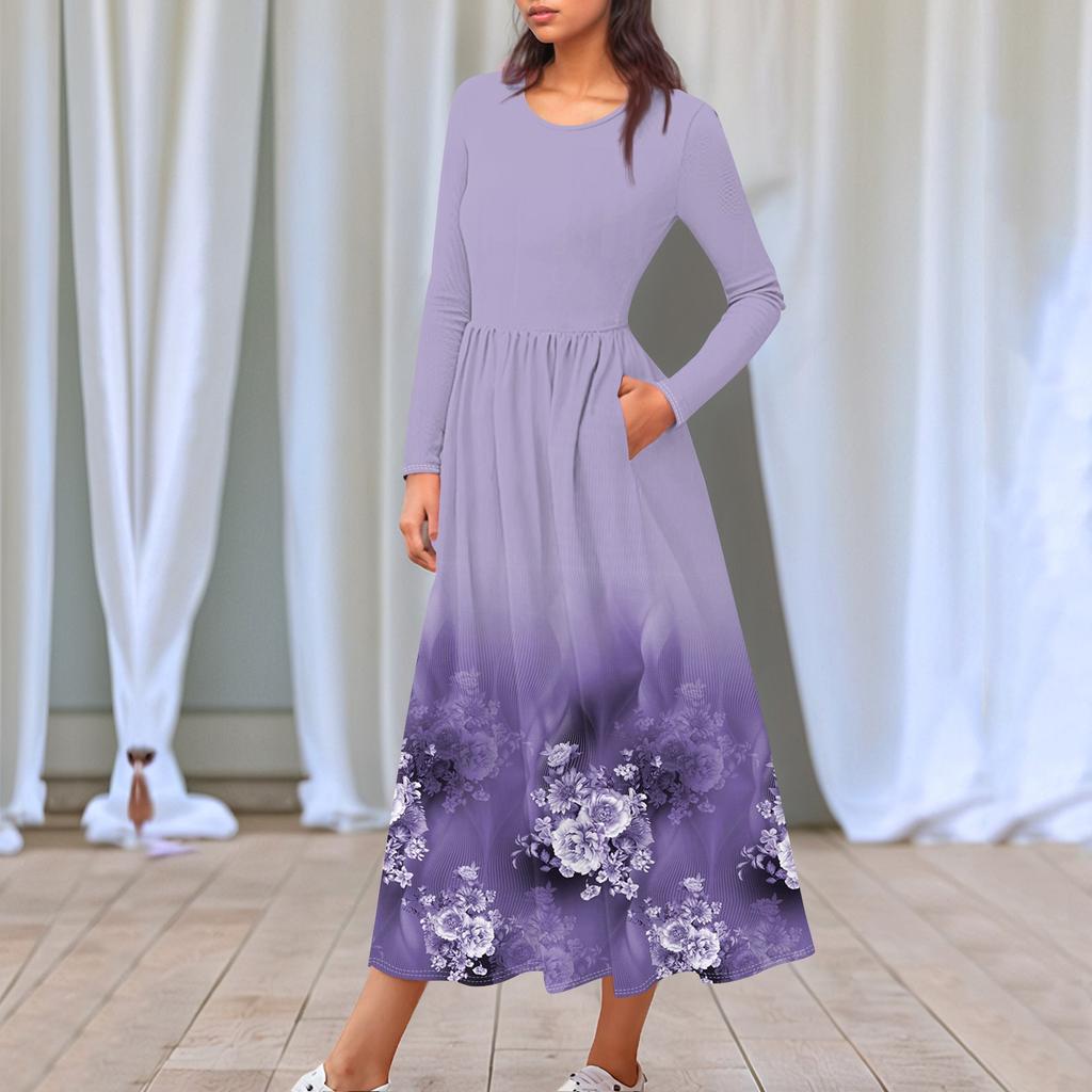 Женское платье миди в стиле бохо с цветочным принтом, повседневное, с длинным рукавом, струящиеся платья со сборками и карманом, лето и весна
