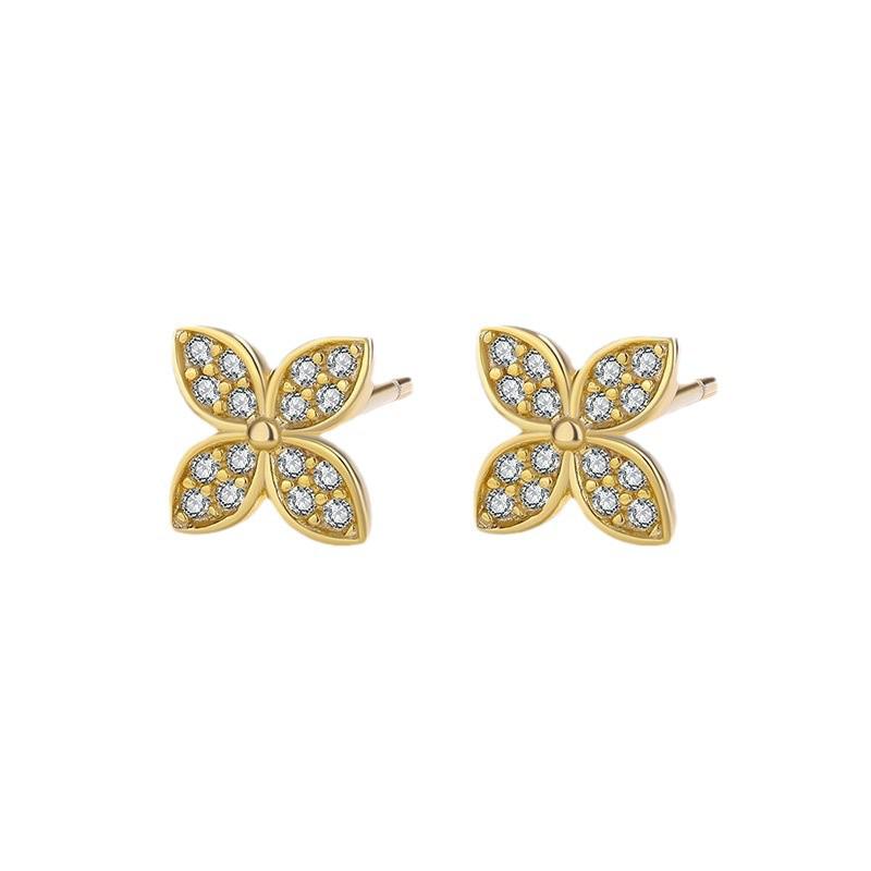 S925 Sterling Silver Gold-Plated Hydrangea Diamond Flower Stud Earrings - Japanese & Korean Design for Women