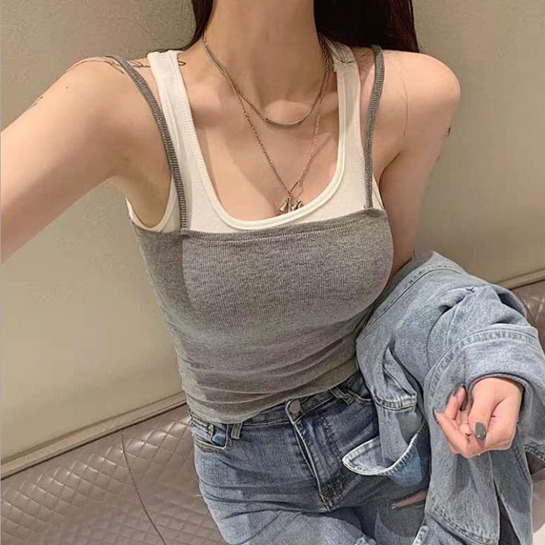 Summer New Korean Style Sexy Hottie Slim Fake Two-piece Color Matching Camisole for Women To Wear Inside and Outside The Top