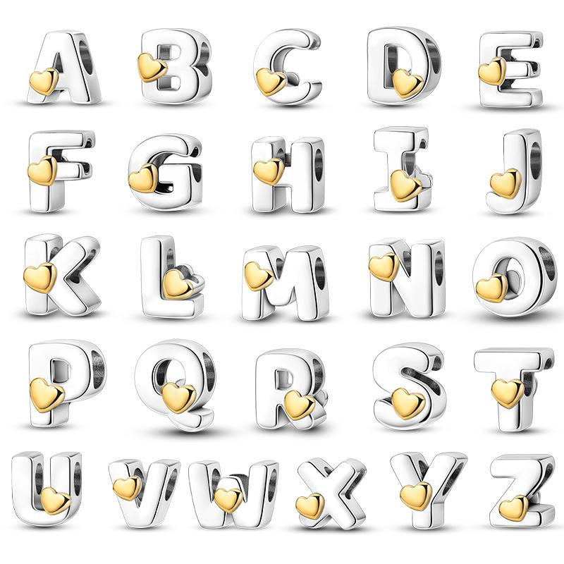 100% 925 Silver 26 Letter A-Z Gold Heart Round And Cute Design Charms Beads 3mm DIY Fine Jewelry Sweet