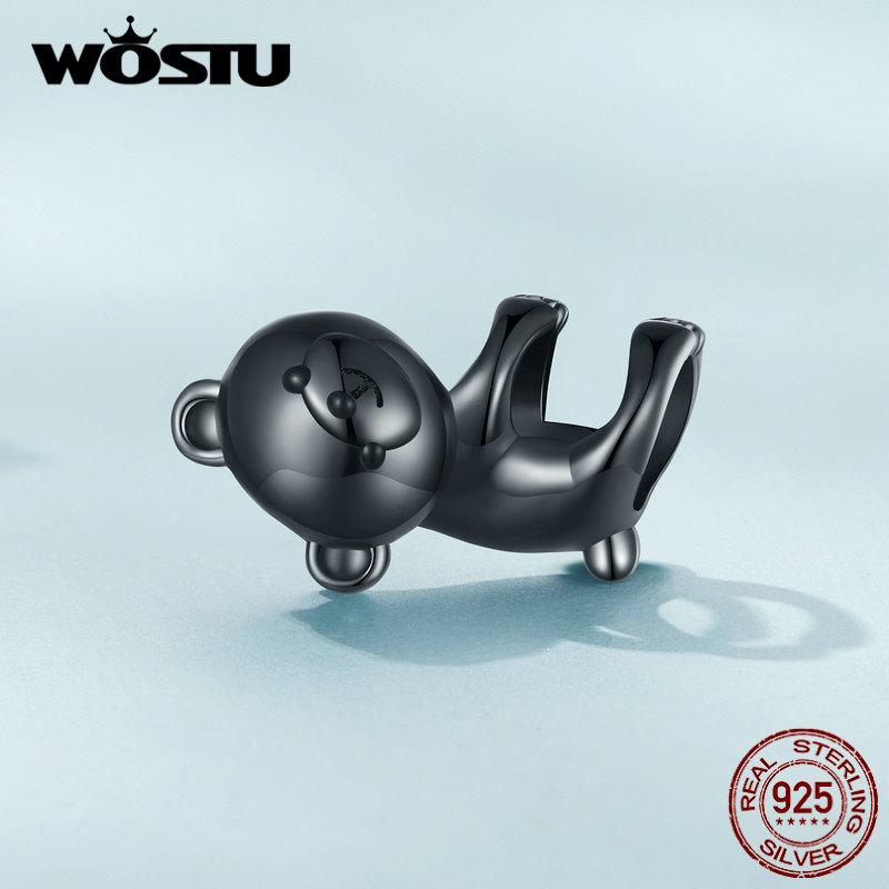 WOSTU 925 Sterling Silver Cute Black Baby Bear Charms Beads Fit Original Bracelet DIY Jewelry